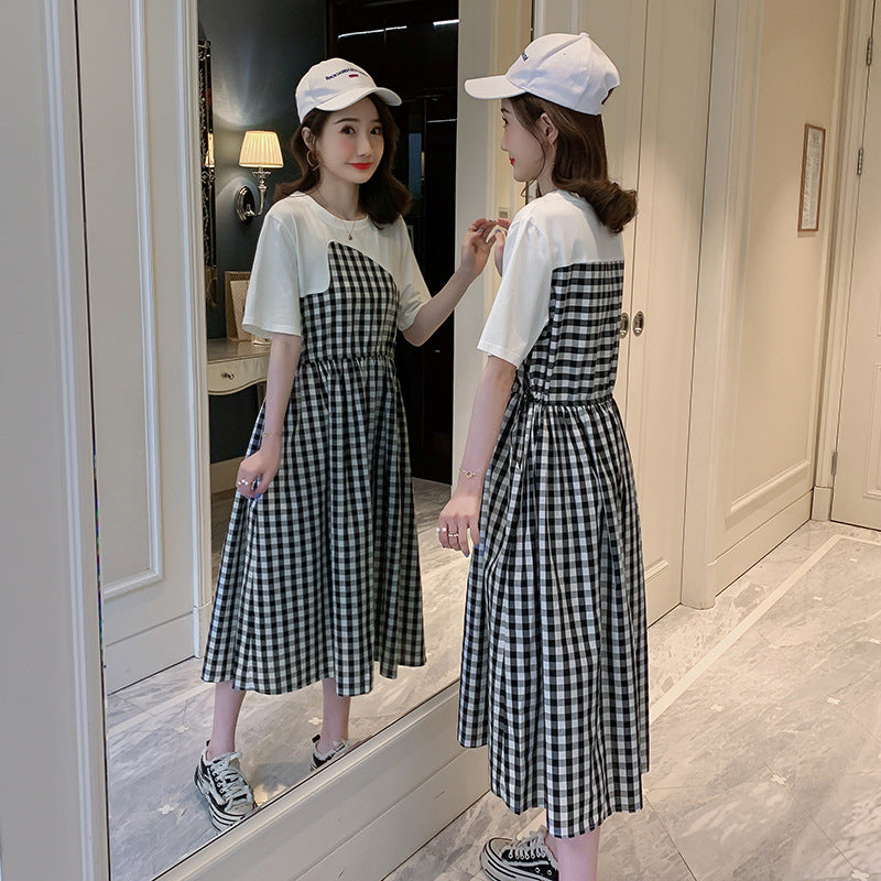Plaid Stitch Maternity Dress Stylish Pregnancy Wear