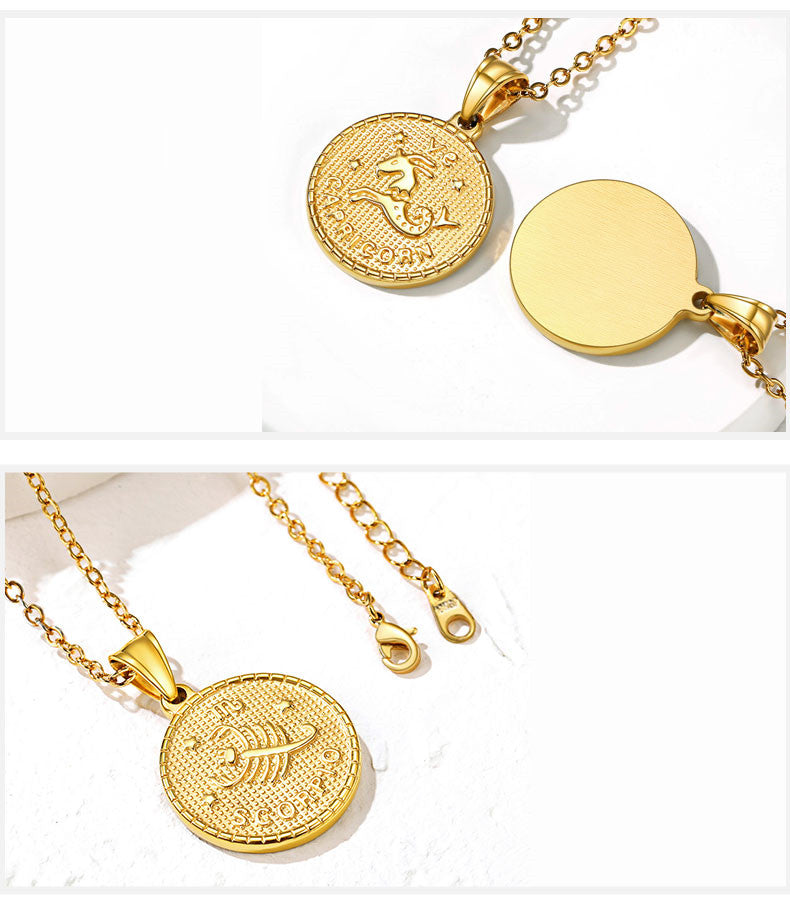 Zodiac Sign Engraved Gold Coin Necklace