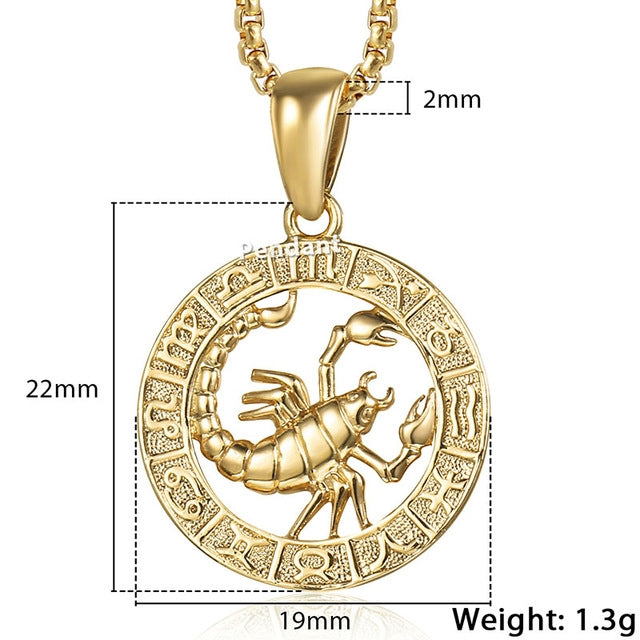 Unisex 12 Zodiac Sign Gold Pendant Necklace