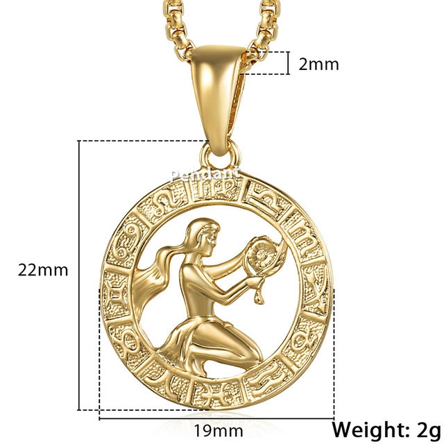 Unisex 12 Zodiac Sign Gold Pendant Necklace
