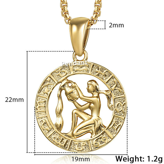 Unisex 12 Horoscope Zodiac Gold Pendant Necklace