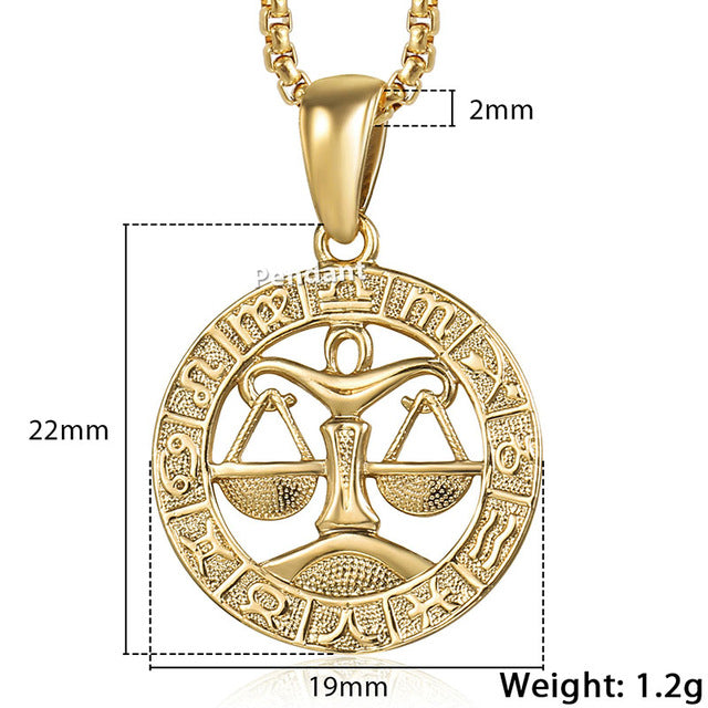 Unisex 12 Horoscope Zodiac Gold Pendant Necklace