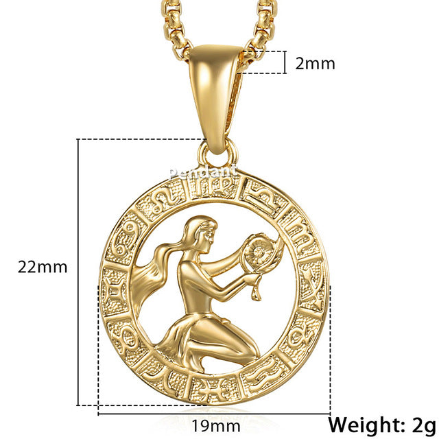 Unisex 12 Horoscope Zodiac Gold Pendant Necklace
