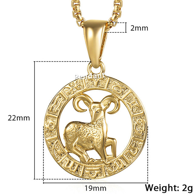 Unisex 12 Horoscope Zodiac Gold Pendant Necklace