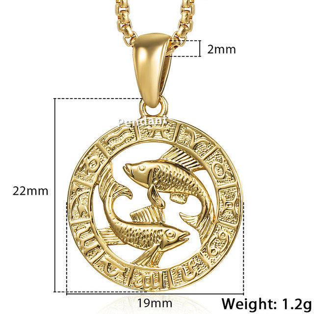 Unisex 12 Horoscope Zodiac Gold Pendant Necklace