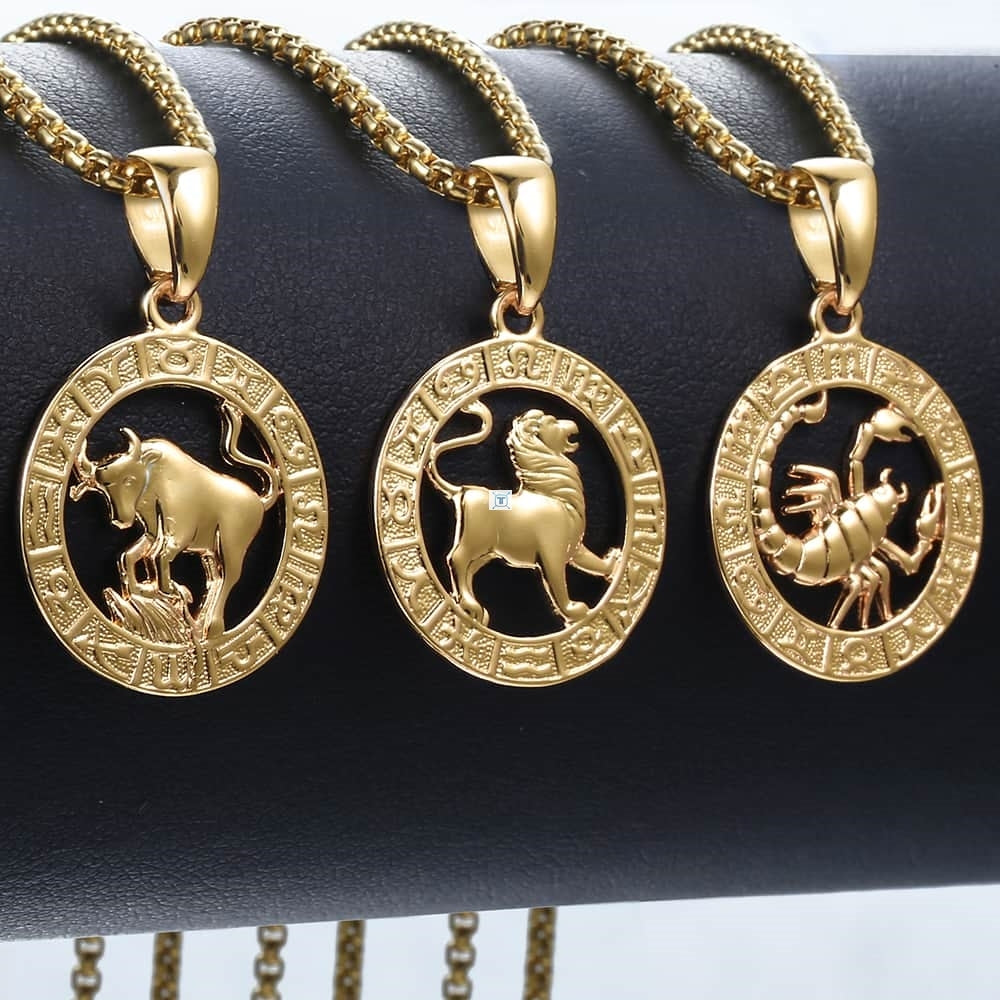 Unisex 12 Horoscope Zodiac Gold Pendant Necklace