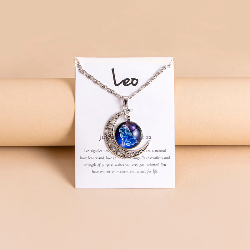 12 Zodiac Sign Glass Moon Pendant Necklace