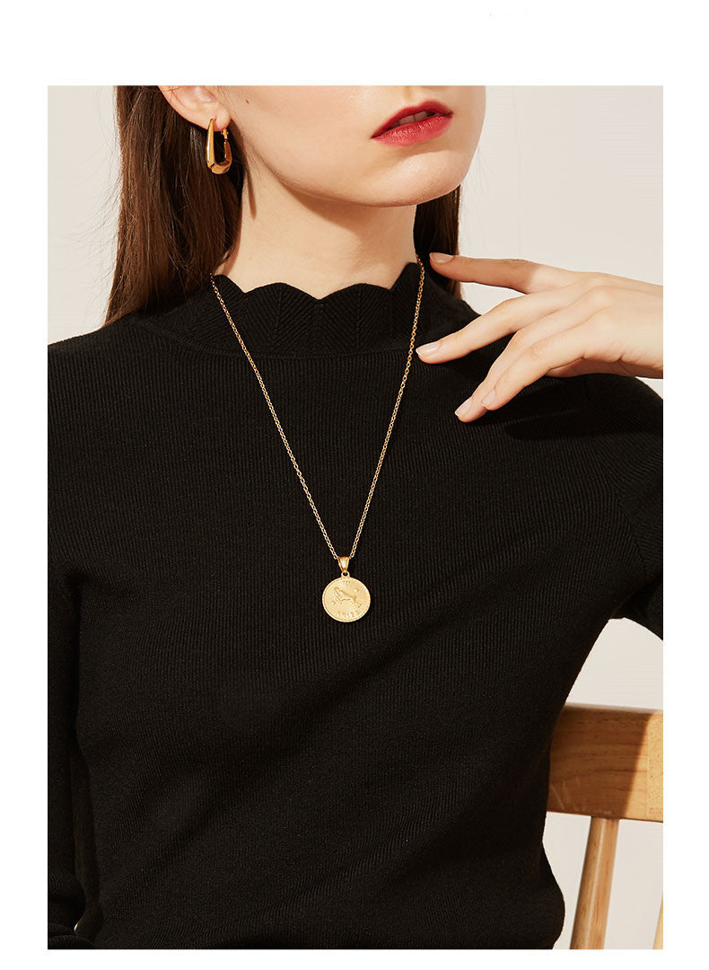 Zodiac Sign Engraved Gold Coin Necklace