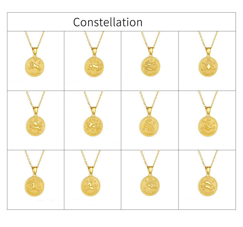 Zodiac Sign Engraved Gold Coin Necklace