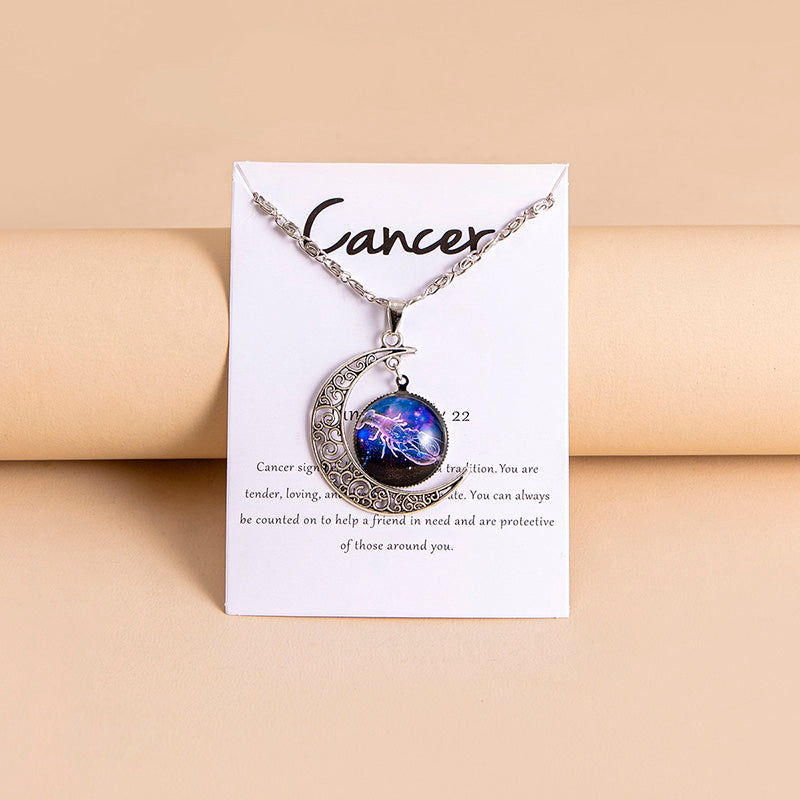 12 Zodiac Sign Glass Moon Pendant Necklace