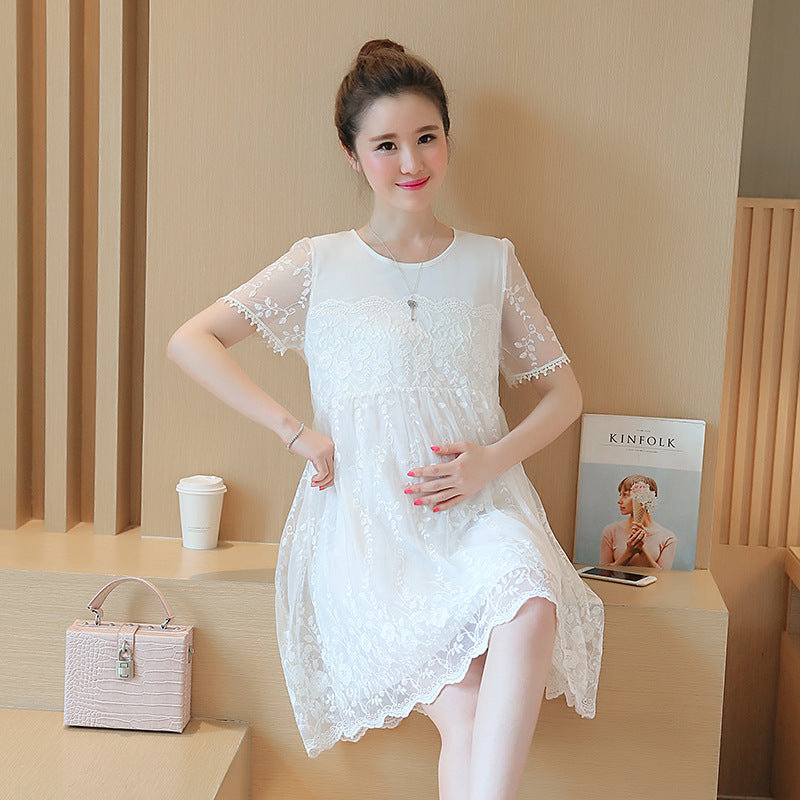 Summer Lace Crochet Maternity Dress Korean Style