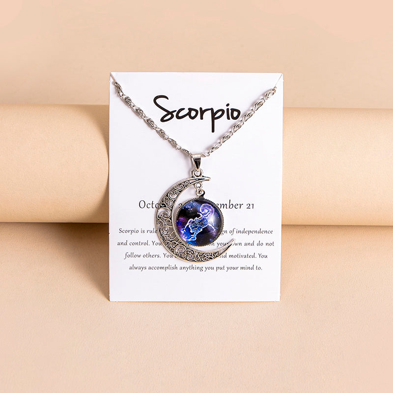 12 Zodiac Sign Glass Moon Pendant Necklace