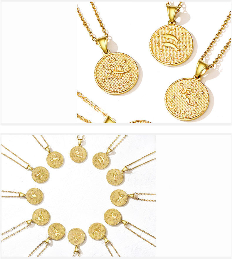 Zodiac Sign Engraved Gold Coin Necklace