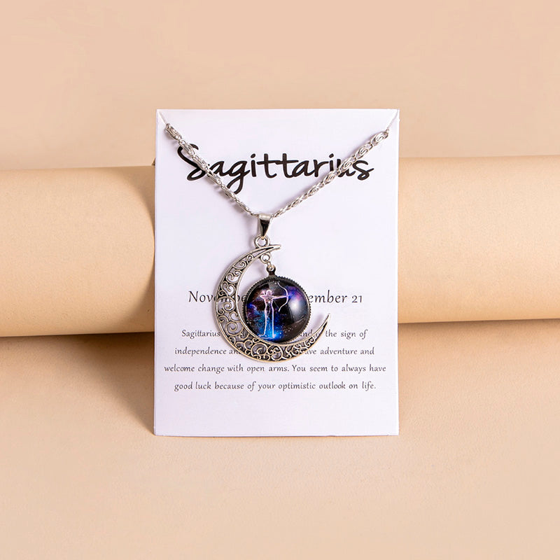 12 Zodiac Sign Glass Moon Pendant Necklace