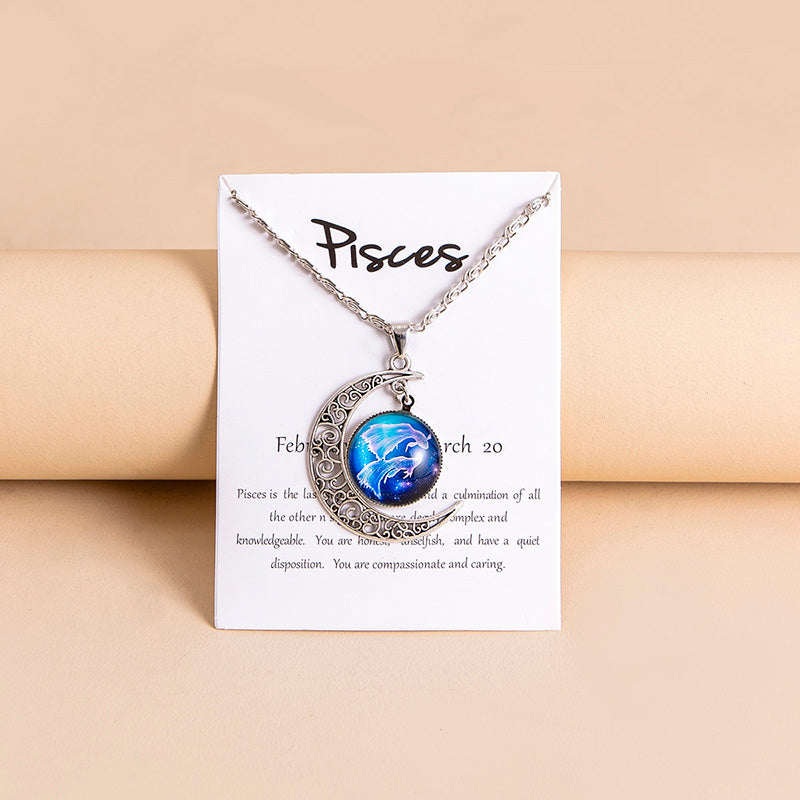 12 Zodiac Sign Glass Moon Pendant Necklace