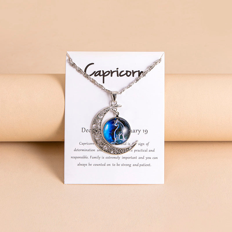 12 Zodiac Sign Glass Moon Pendant Necklace