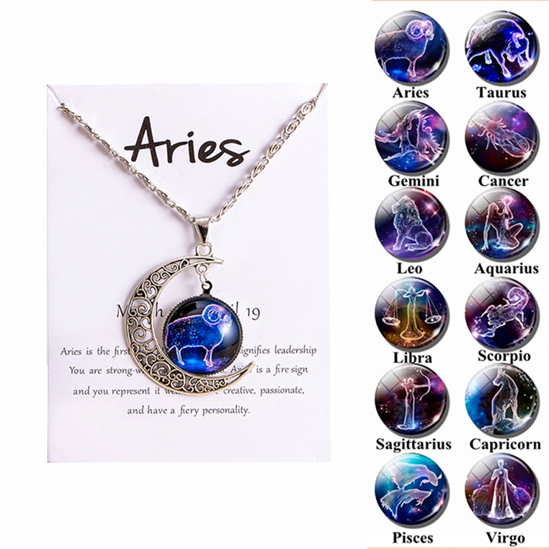 12 Zodiac Sign Glass Moon Pendant Necklace