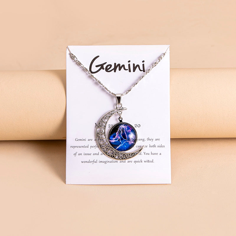 12 Zodiac Sign Glass Moon Pendant Necklace