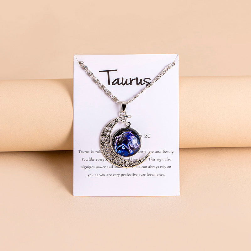 12 Zodiac Sign Glass Moon Pendant Necklace