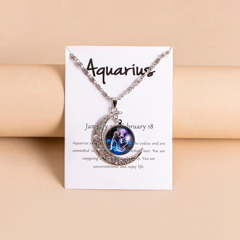 12 Zodiac Sign Glass Moon Pendant Necklace