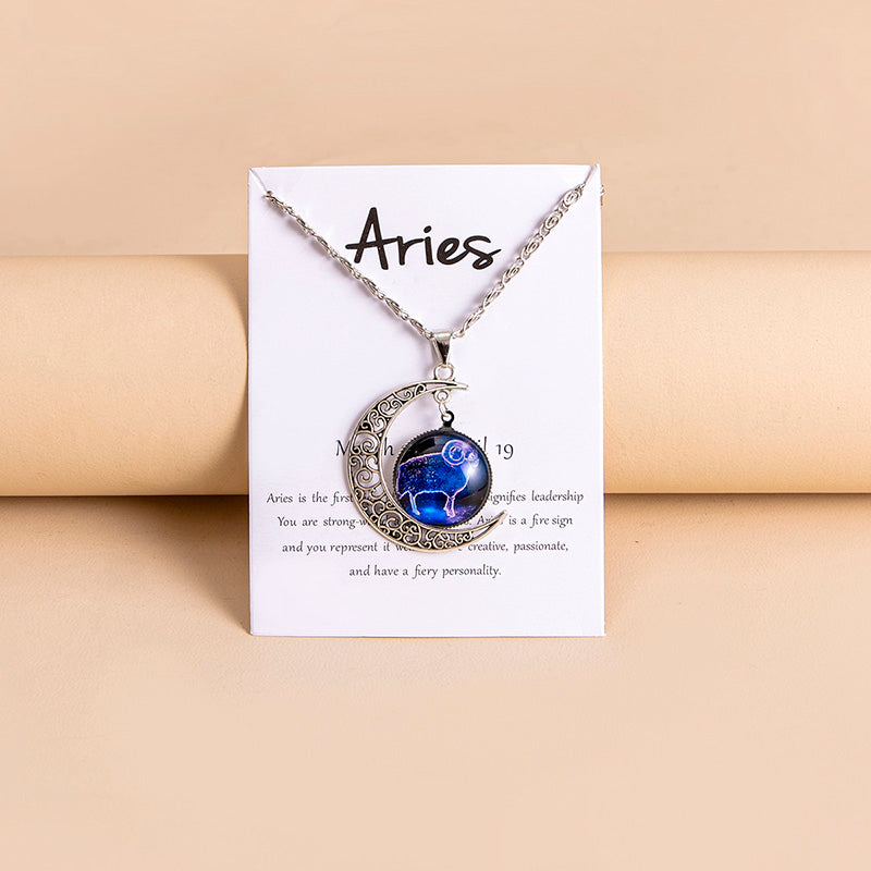 12 Zodiac Sign Glass Moon Pendant Necklace