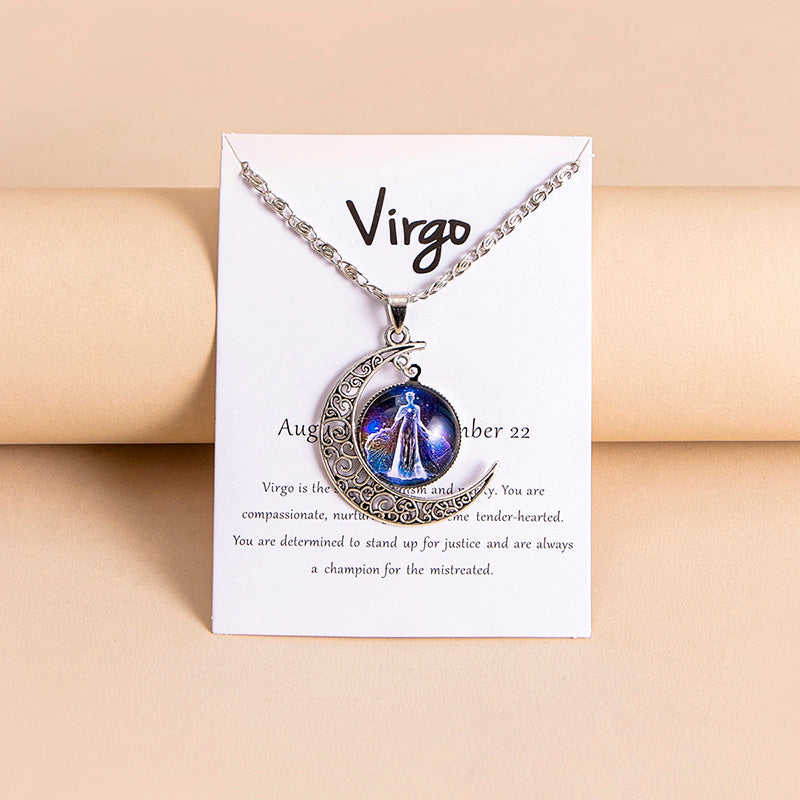 12 Zodiac Sign Glass Moon Pendant Necklace