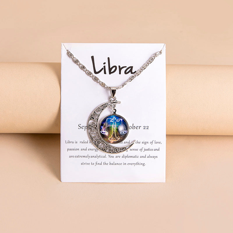 12 Zodiac Sign Glass Moon Pendant Necklace